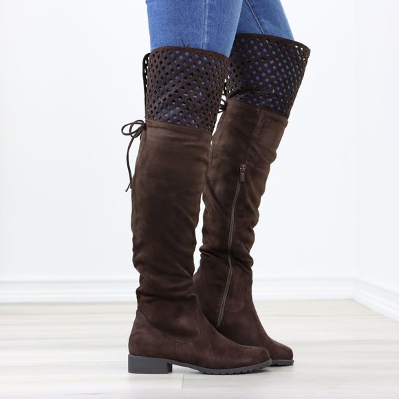 Brown Thigh High Over The Knee Flat Boots Faux Suede - Picture 4 of 14